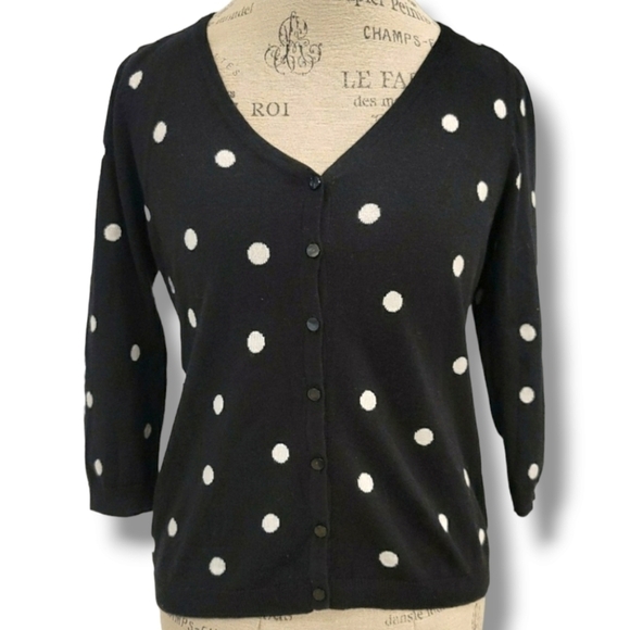 Talbots Silk Blend Black And White Dot V-Neck Cardigan - Size Small Petite - Picture 2 of 9